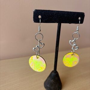 Silver Heart Drop Earrings with Yellow Iridescent Discs